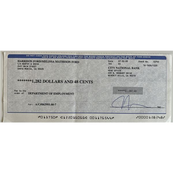 Harrison Ford signed check. GFA authenticated