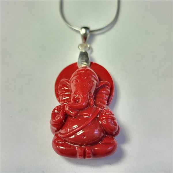 Silver Polymerized Coral 16" Ganesh Necklace (~Size )(Ring is resizable for $40) (~length inches), S