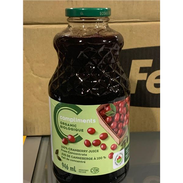 Compliments Organic 100% cranberry Juice Case lot 6 x 946ml