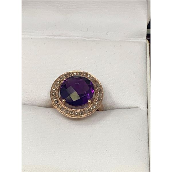 Natural Amethyst and Diamond Cluster Top 7.36 Carat Silver & 14K Gold Ring with Certificate Value $1