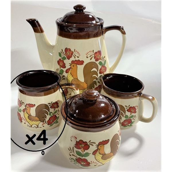 Rooster Vintage Set Teapot, Sugar, Cream and Four Cups