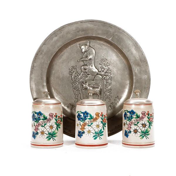 Three German Steins with Pewter Tray.