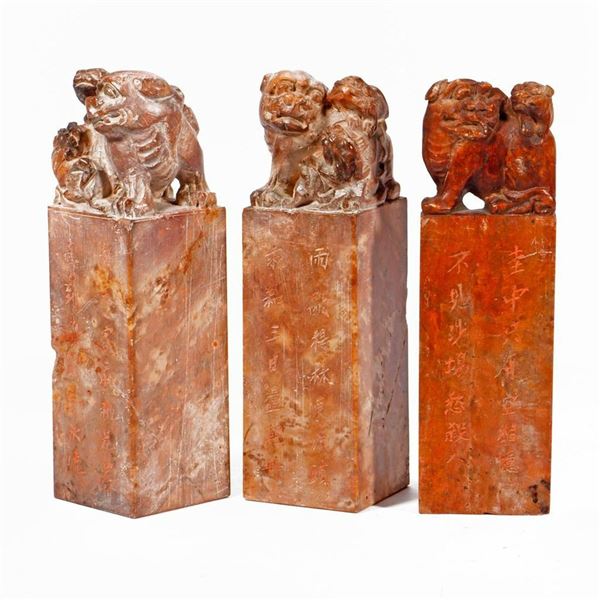 Three Chinese Carved Soapstone Chops/Stamps.