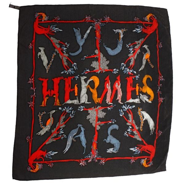 Hermes Paris Silk and Cashmere Forest Animal Scarf.