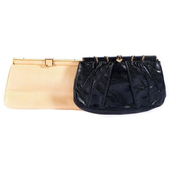 Two Judith Leiber snakeskin evening bags.