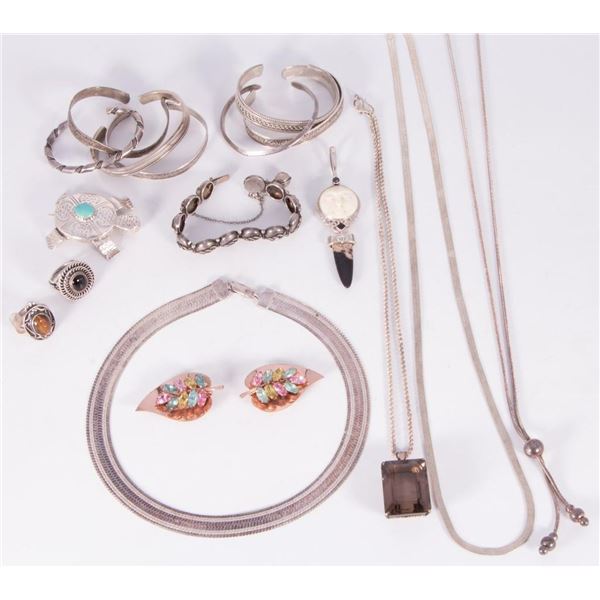 Collection of stone, enamel and silver jewelry.