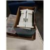 Image 2 : SINGER HOMECHEST ORGANIZER WITH SEWING SUPPLIES AND NEW GLASS CANDLE HOLDERS