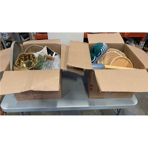 2 BOXES OF HOME DECOR, FRENCH PRESS, WOOD TRAYS, ETC