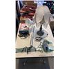 Image 1 : TASSLED TABLE LAMP WITH 2 SPRING ARM LIGHTS ONE WITH MAGNIFIER AND CLIP ON LIGHT