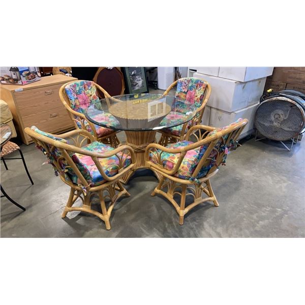 GLASSTOP RATTAN DINING TABLE WITH 4 CHAIRS