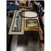 Image 1 : EASTERN STITCHED ART, 2 GILT FRAMED PAINTINGS AND VINTAGE GLASS SERVING TRAY