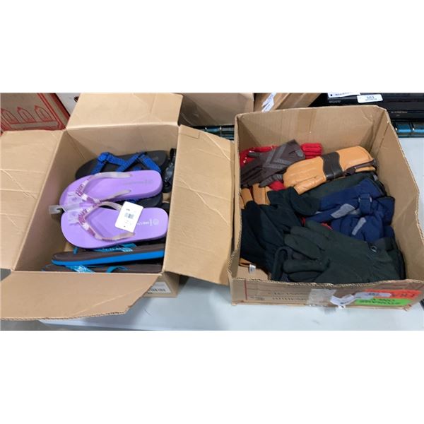 2 TRAYS OF GLOVES AND FLIP FLOPS