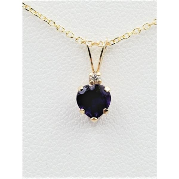 10KT. YELLOW GOLD 5MM NATURAL AMETHYST (0.88CTS) & WHITE SAPPHIRE HEART PENDANT WITH STERLING SILVER