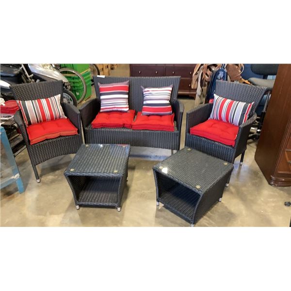 5 PIECE WICKER PATIO SET WITH LOVESEAT, 2 CHAIRS AND 2 GLASSTOP ENDTABLES