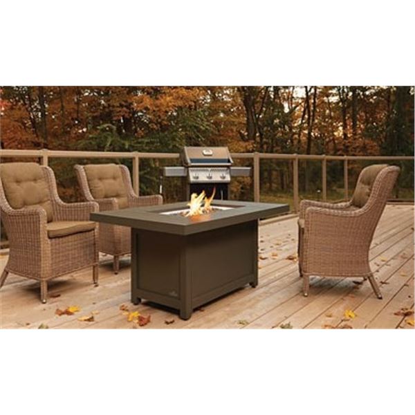 AS NEW NAPOLEON HAMPTON RECTANGLE PATIOFLAME TABLE WITH GLASS WIND SHIELD - RETAIL $1449