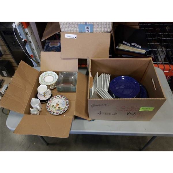 2 BOXES OF VARIOUS CHINA QUEEN ANNE, PARAGON, COLCLOUGH, GIBSON AND MORE