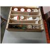 Image 2 : 2 TRAYS OF CHINA, COLLECTIBLES MID CENTURY HOLT HOWARD ROOSTER DISHES, CARLTON WARE AND SALT AND PEP