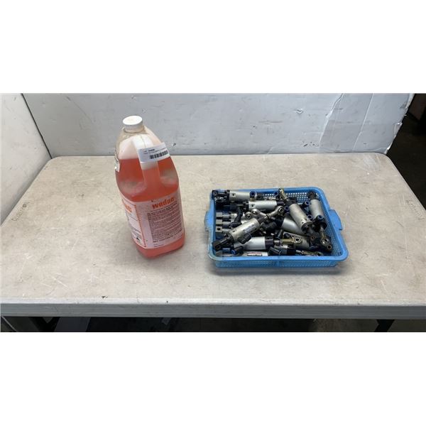 TRAY OF PNEUMATIC CYLINDERS AND JUG OF WEDAC ACID METAL CLEANER