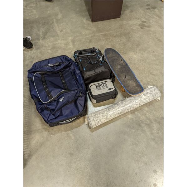 HIGH SIERRA DUFFLE BAG, TITAN COOLER, SKATEBOARD FLOOR MAT AND ROOTS COOLER