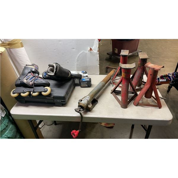 JACK STANDS, TRAILER JACK, HART CORDLESS SAWZALL AND CORDLESS DRILL