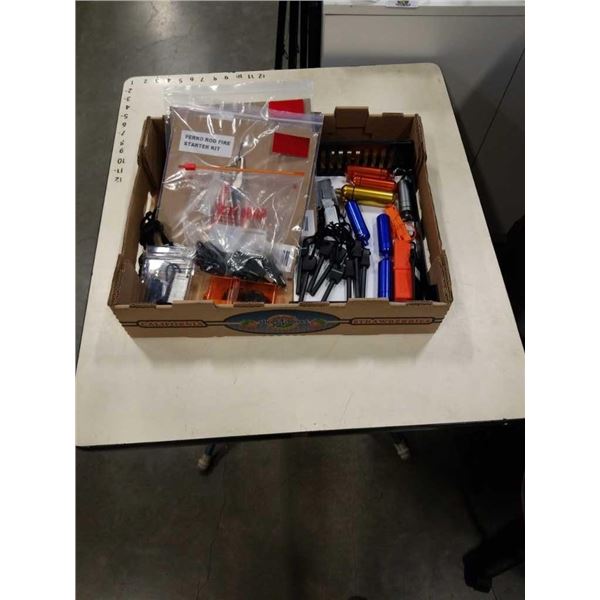 BOX OF FERRO ROD STARTER KITS, MAGNESIUM STARTERS AND WATERPROOF CONTAINERS