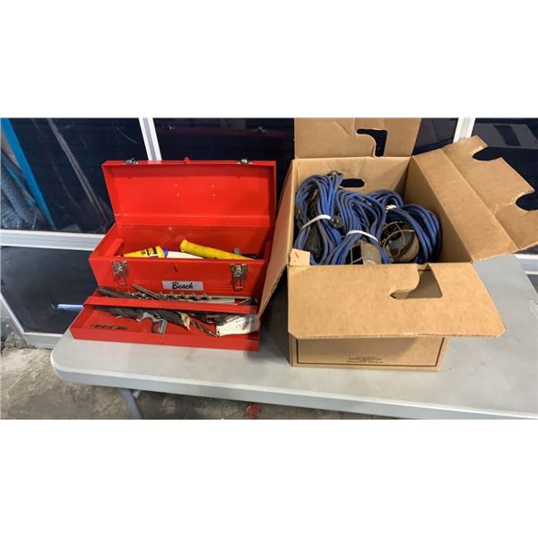 BOX AND TOOLBOX WITH TOOLS, TORUBLE LIGHT, EXTENTION CORD