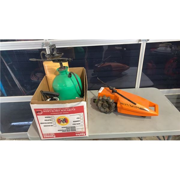 BOX  OF 3 SPRAYERS AND LAWN TRACTOR SPRINKLER