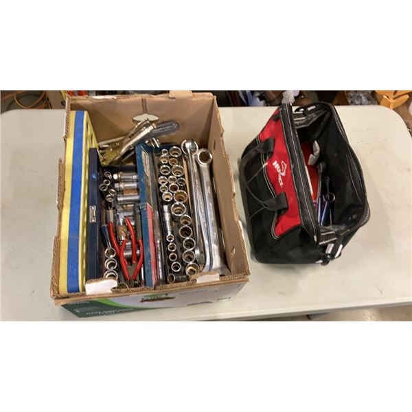 BOX AND HUSKY BAG OF WRENCHES AND SOCKETS