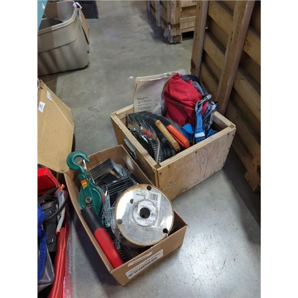 2 BOXES OF ELECTRICAL WIRE 14AWG, 4" PULLEY BLOCK, JOIST HANGERS AND TOOLS