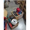 Image 1 : 2 BOXES OF ELECTRICAL WIRE 14AWG, 4" PULLEY BLOCK, JOIST HANGERS AND TOOLS