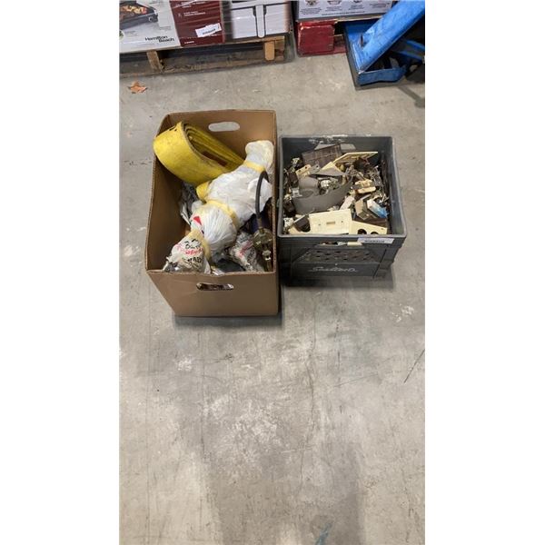 BOX AND CRATE OF GREASE GUNS, LIFTING STRAPS, ELECTRICAL AND MORE