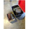 Image 1 : TOTE AND BOX OF CONTAINERS,PORTABLE GAS STOVE JUMPER CABLES AND JACK