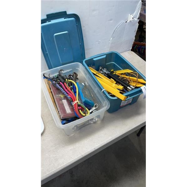 2 SMALL TOTES OF TOOLS, DRILL BITS, WRENCHES, BUNGEE CORDS