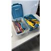 Image 1 : 2 SMALL TOTES OF TOOLS, DRILL BITS, WRENCHES, BUNGEE CORDS