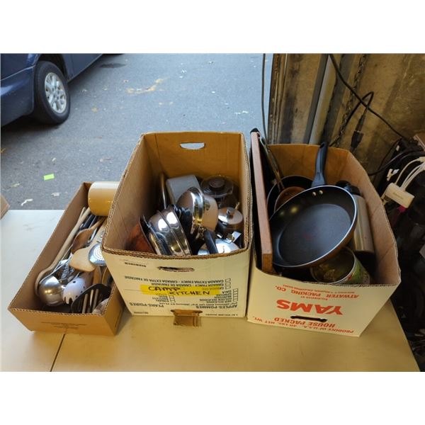 3 BOXES OF COOKWARE SERVING PIECES AND UTENSILS