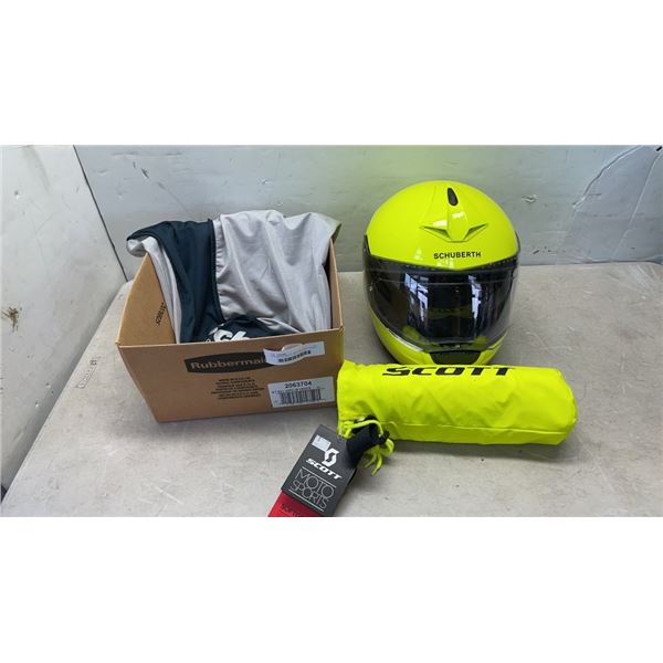 SCHUBERTH SIZE XL MOTORCYCLE HELMET AND SCOTT HIGH VIS YELLOW RAIN JACKET