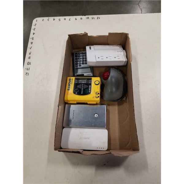 TRAY OF POWER BANKS, WALKMAN, OUTLET SPLITTER AND MORE