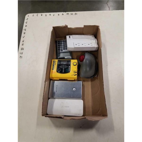 TRAY OF POWER BANKS, WALKMAN, OUTLET SPLITTER AND MORE