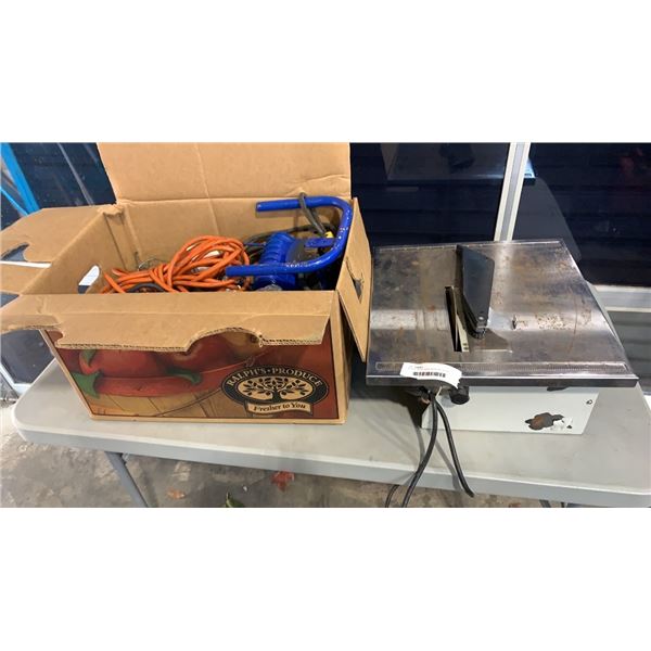 BOX OF TOOLS, SHOP SUPPLIES, WORK LIGHT AND TILE SAW