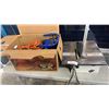 Image 1 : BOX OF TOOLS, SHOP SUPPLIES, WORK LIGHT AND TILE SAW