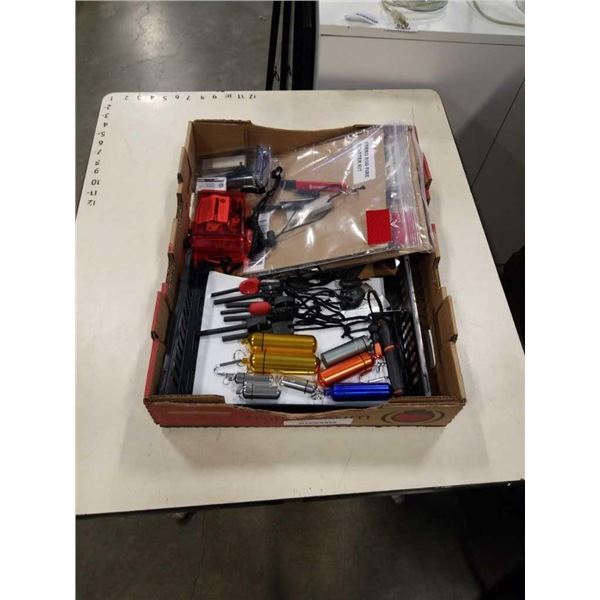 BOX OF FERRO ROD STARTER KITS, MAGNESIUM STARTERS AND WATERPROOF CONTAINERS