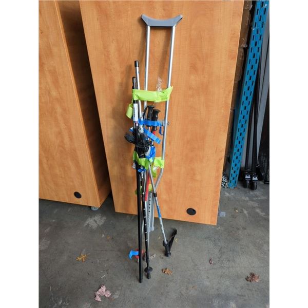 LOT OF ADJUSTABLE WALKING STICKS, CRUTCHES AND MORE