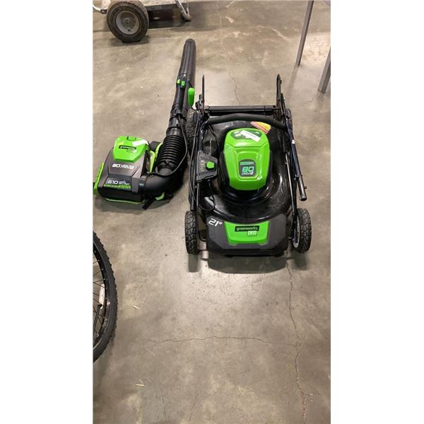 GREENWORKS COMBO CORDLESS BACK PACK BLOWER AND LAWN MOWER AS FOUND NO BATTERY OR CHARGER