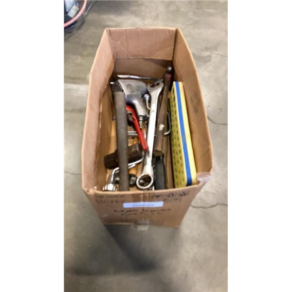 BOX OF TOOLS AND LARGE WRENCHES