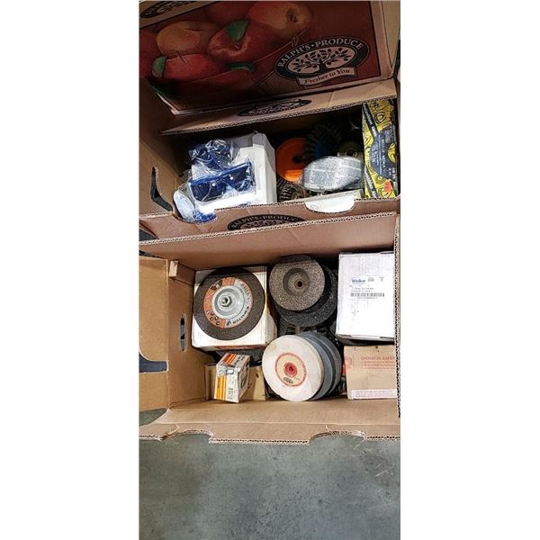 2 BOXES OF WIRE BRUSH WHEELS, GRINDING WHEELS, SAFETY GLASSES