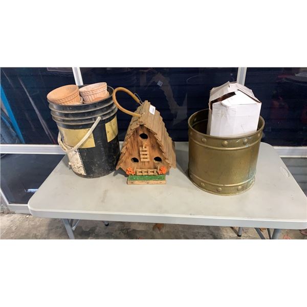 LOT OF PLANT POTS, BRASS BUCKET AND BIRD BNB