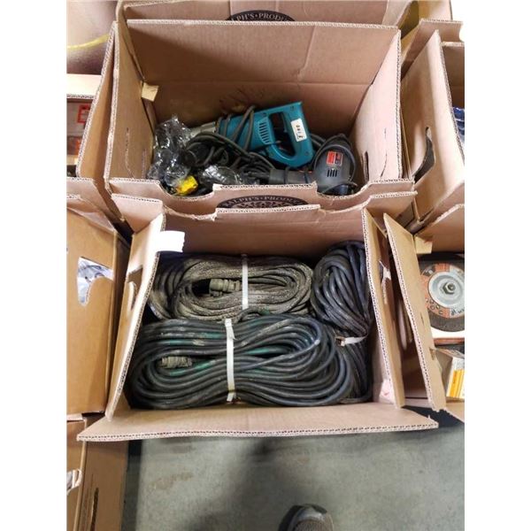 2 BOXES OF POWER TOOLS, EXTENTIONS CORDS, POWER CABLES