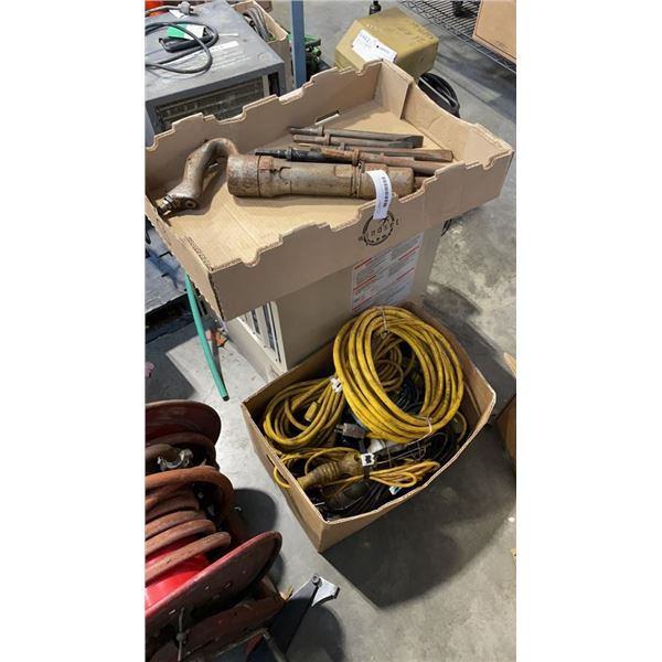 BOX AND TRAY OF EXTENTION CORDS, TROUBLE LIGHT, AIR CHISEL AND BITS