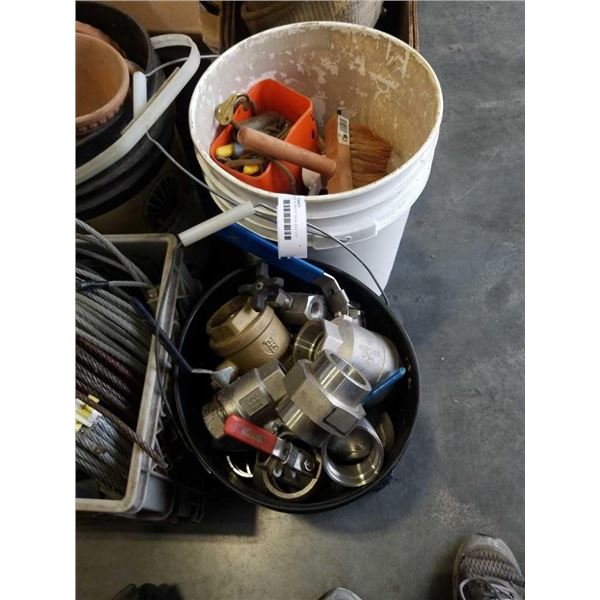 2 PAILS OF PIPE FITTINGS, SHUTOFF VALVES, SHOP SUPPLIES