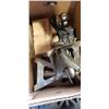 Image 2 : BOX AND TRAY OF TOOLS, HITCHES, JACK STANDS, PIPE WRENCHES, PIPE CUTTER, SPARK LIGHTERS